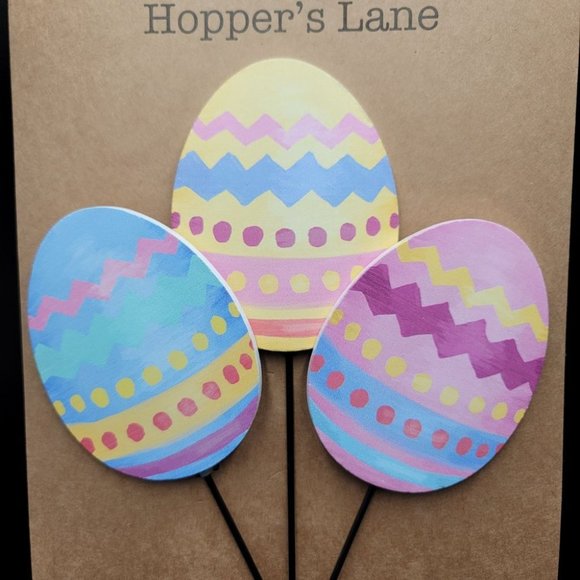 Easter Egg Wood Picks 3 Pc Hopper's Lane Spring Holiday Decoration Stakes - Picture 2 of 2